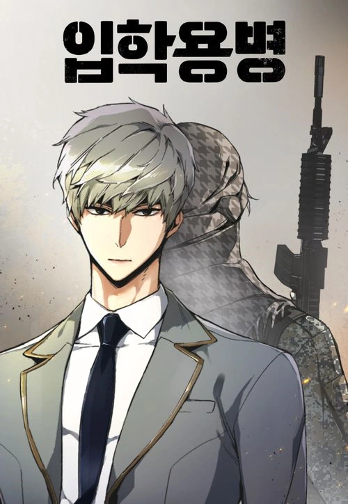 Cover art of an action manhwa with an OP MC. It depicts the title in Korean at the top of the image and below it is a gray-haired boy wearing a gray suit, whit undershirt, and black tie. Behind him is another person with their back to us and is fully covered while holding a gun upright.