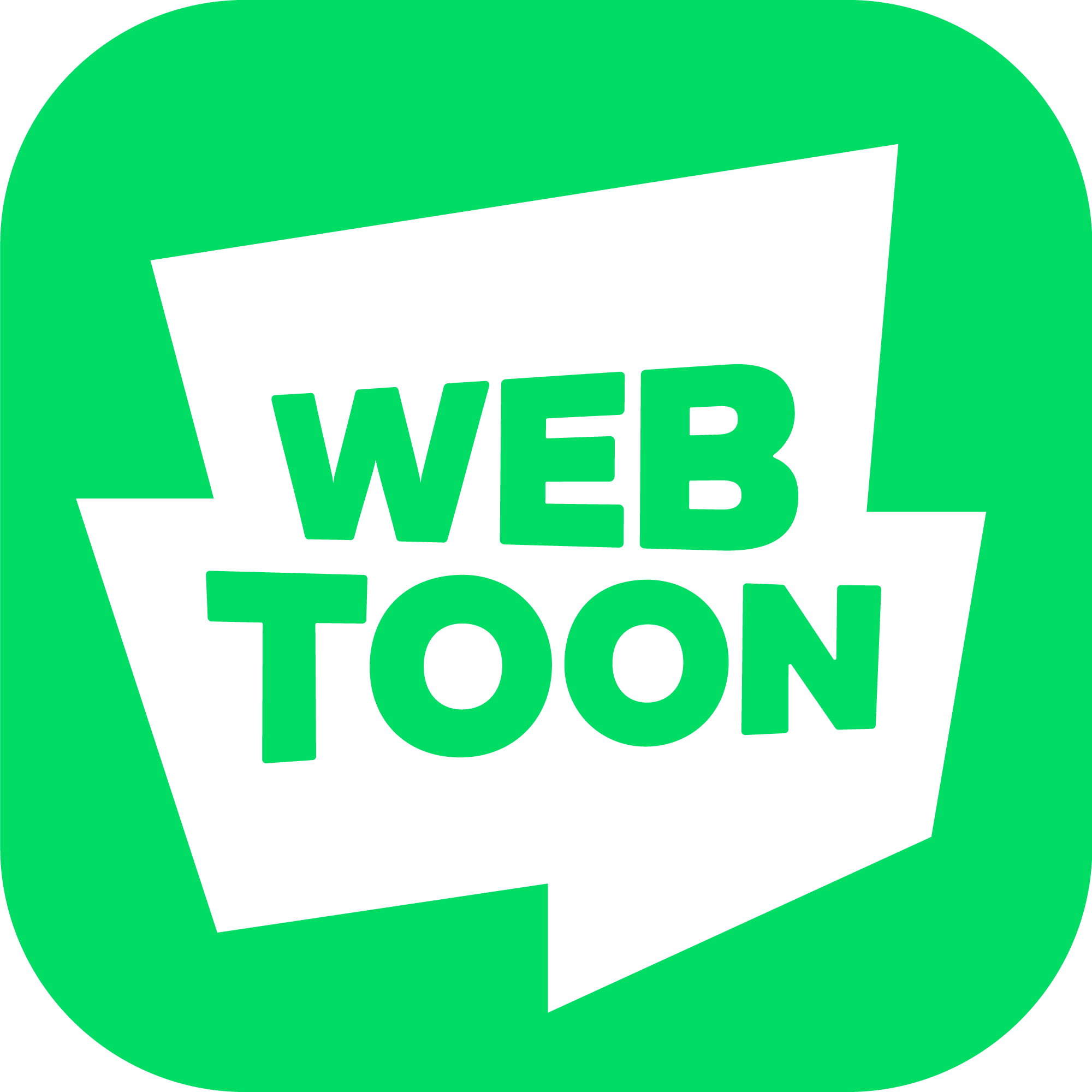 WEBTOON written in green text inside of a white and misshaped decagon with a green background.