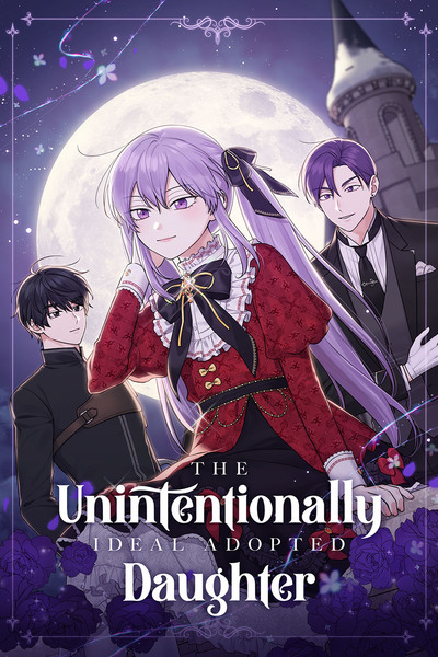 Cover art for a reincarnation manhwa. It's of a purple-haired girl in front of black-haired boy and a brown-haired butler