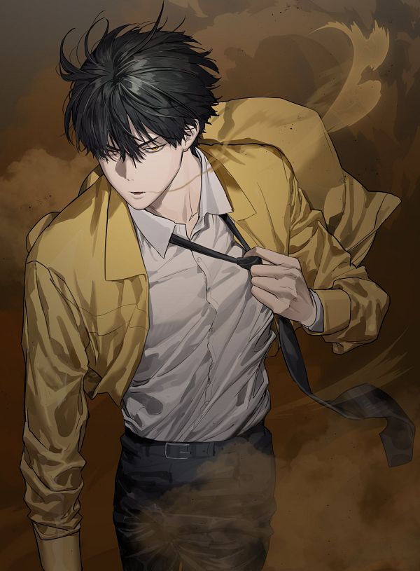 Cover art of a new action manhwa. It depicts a black haired man wearing a yellow jacket, white undershirt, and black tie while walking through a yellow mist.