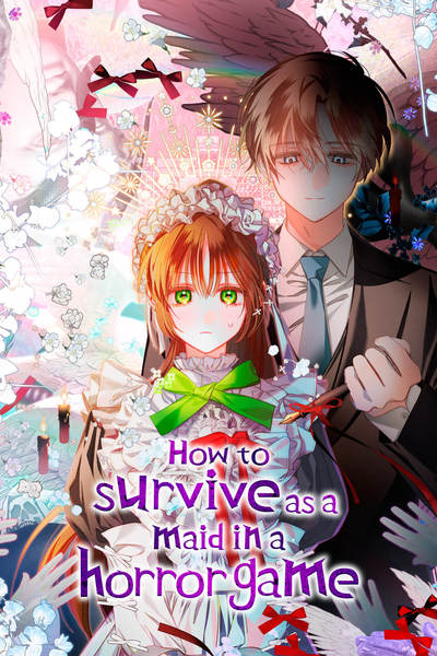 Cover art of a horror romance manhwa called "How to Survive as a Maid in a Horror Game." It depicts a brown-haired maid with a blonde man standing behind while holding a pen almost as if to stab her.