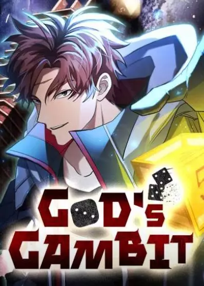 Cover art of an action manhwa with an OP MC. It depicts a brown-haired man in a blue jacket with "God's Gambit" in front of him.